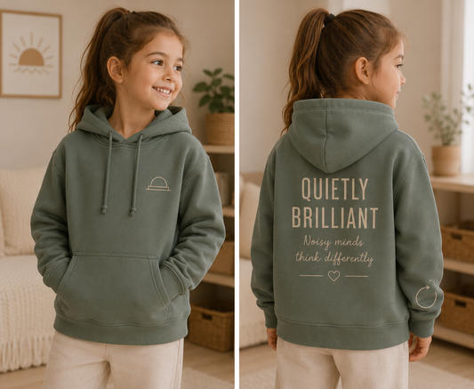 QUIETLY BRILLIANT | Kids Oversized Hoodie, Sweatshirt & T-Shirt | Supportive Clothing for Big Feelings & Busy Minds