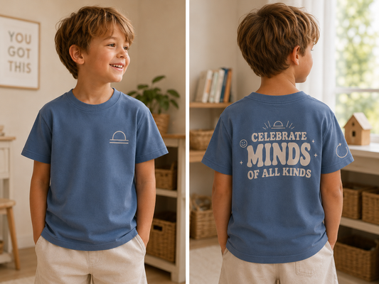 CELEBRATE MINDS OF ALL KINDS | Kids Oversized Hoodie, Sweatshirt & T-Shirt | Supportive Clothing for Big Feelings & Busy Minds